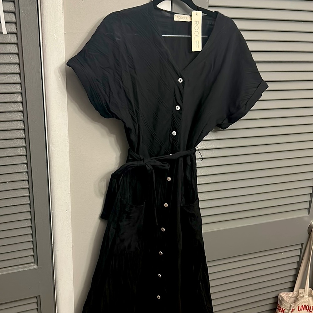 Roolee • black midi button dress • size M